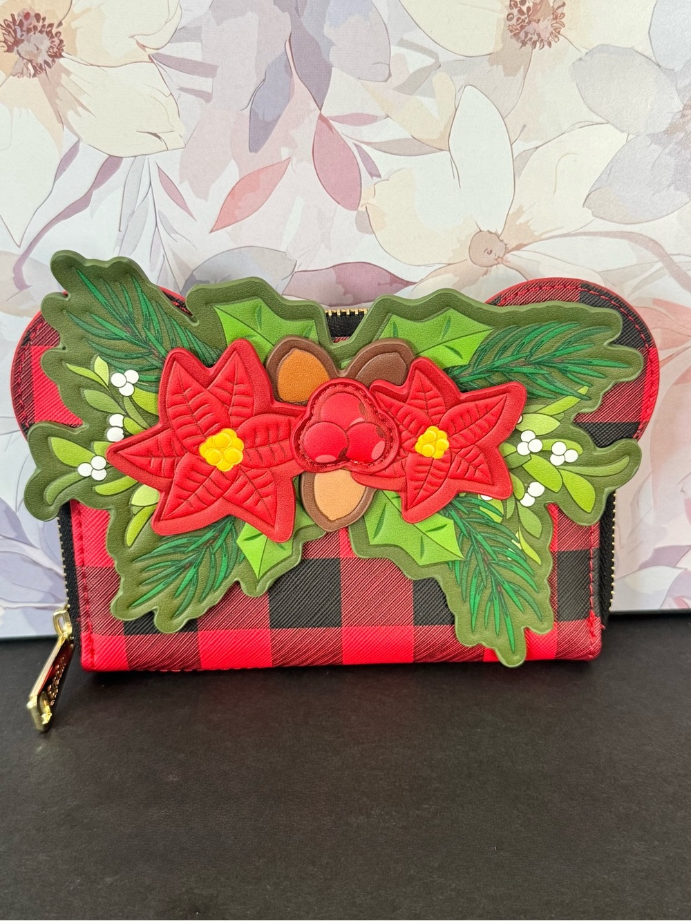 Loungefly Disney Mickey Mouse Red Black Plaid Poinsettia Applique Zip Wallet